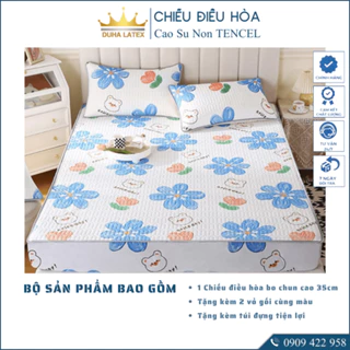 Chiếu điều hòa bo chun Tencel cao su non latex hoa cúc xanh loại 1 mềm, mịn mát, nặng tay giảm 2 đến 6 độ C DUHALATEX