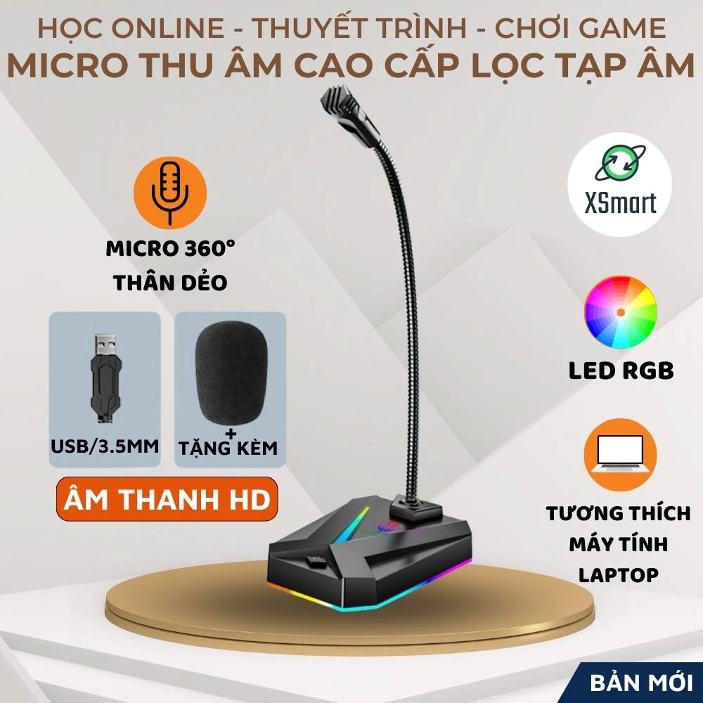 Micro Máy Tính Laptop MK10 Jack USB Có LED Thu Âm 360° Lọc Tiếng Ồn Độ Nhạy Cao Học Tập Thuyết Trình