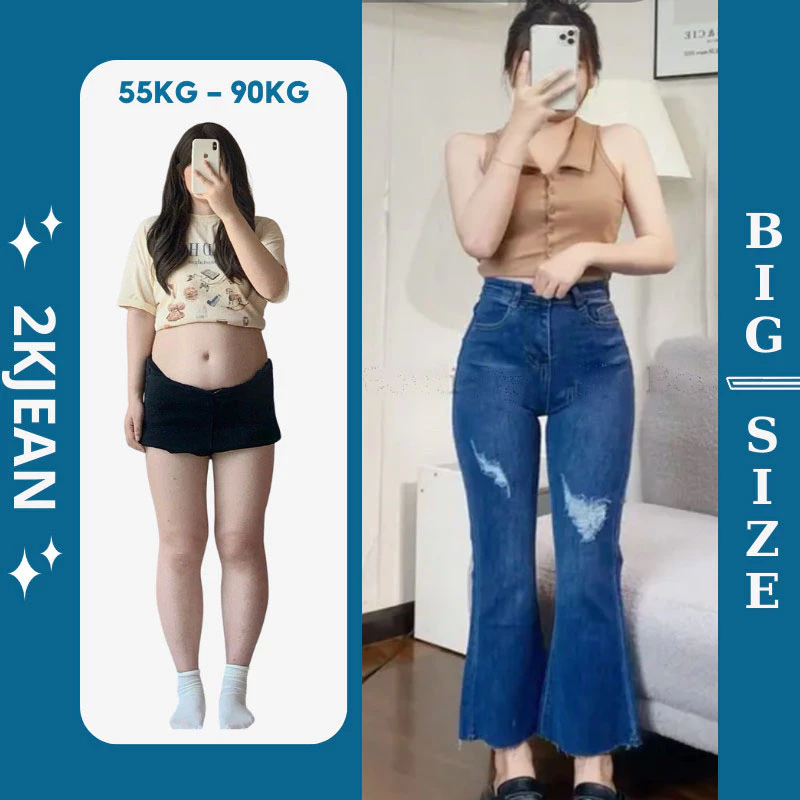 Quần ống loe jean nữ kiểu rách 55kg-90kg siêu co giãn bigisze thời trang bigsize 2KJean