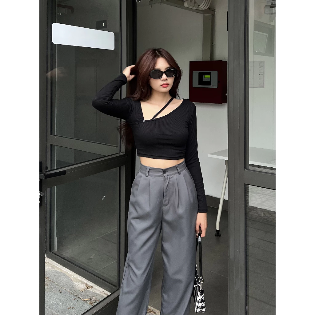 Áo croptop nữ cổ lệch dây chéo tay dài trơn ôm body I Hhvintage