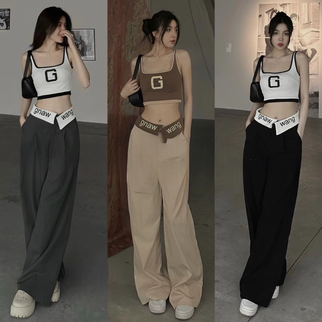Set bộ đồ nữ áo crotop ba lỗ họa tiết chữ in cùng với quần ống rộng gập cạp cực ngầu
