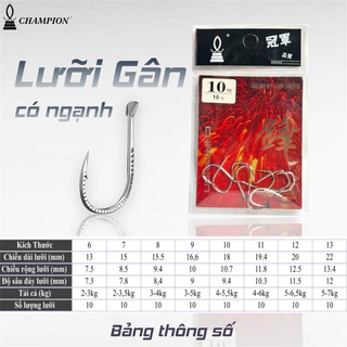 Lưỡi Câu Gân Bạc Quán Quân Có Ngạnh, Siêu nhẹ, Cứng, Bén, Không oải, Thép carbon hàm lượng cao