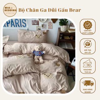 Bộ Vỏ Chăn Ga Gối Cotton Đũi Thêu Gấu Bear Cute Mềm Mại, Vỏ Chăn Có Khóa Kéo, Ga Giường Làm Theo Kích Thước Yêu Cầu