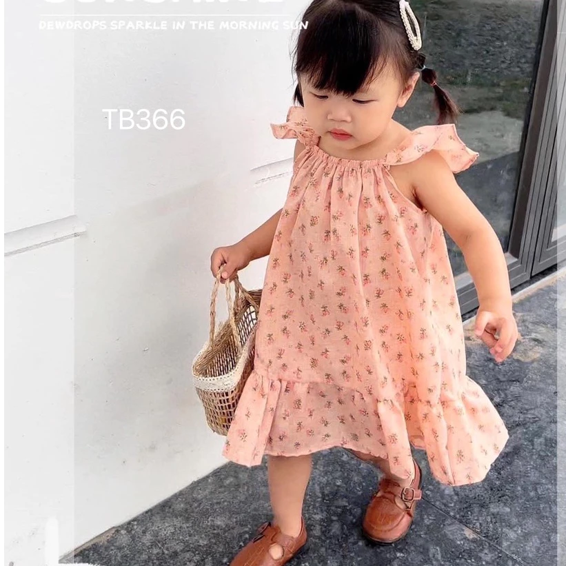 Váy 2 dây cánh tiên bé gái họa tiết hoa nhí xinh yêu, dáng xòe, vải đũi mềm mát size 10 - 20 kg