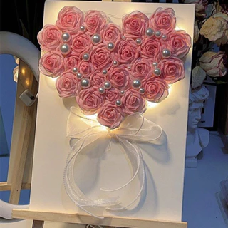 Khung ảnh hoa hồng handmade hình trái tim Có sẵn 20/11 tự làm đính nơ ngọc Quà tặng sinh nhật người yêu