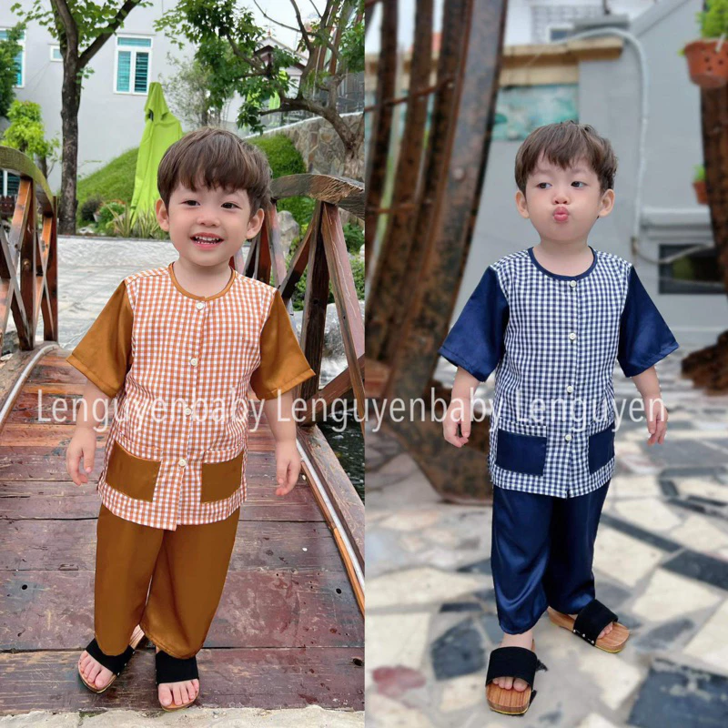 Quần áo bé trai (7-35kg), set bà ba áo caro, Chất Lụa mềm mại, thấm hút mồ hôi tốt