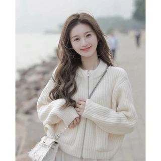 Áo len nữ, áo khoác len kiểu sợi móc có khóa kéo màu trắng style Hàn Quốc cổ tròn 2 túi dễ thương