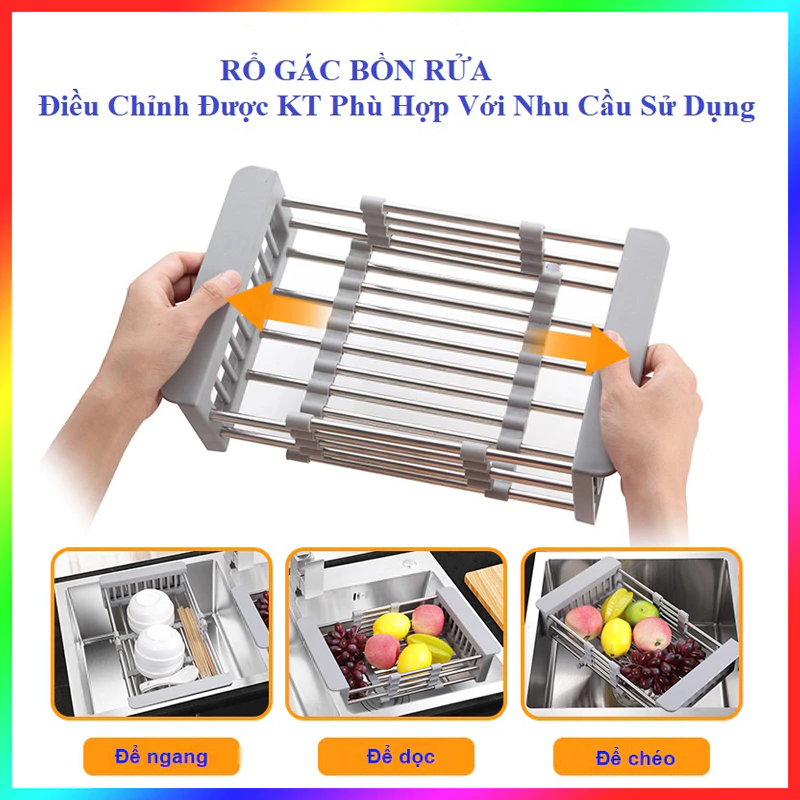 (Size Đại) Kệ Giá Rổ Gác Bồn Rửa Chén Bát inox 304 Loại Dày, Rổ Gác Bồn Rửa Chén Rút Gọn Đa Năng Cực Tiện Lợi