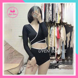 Đồ bơi nữ bikini hai mảnh đen viền trắng dây buộc nơ mặc được nhiều kiểu đồ đi biển bikini kín đáo