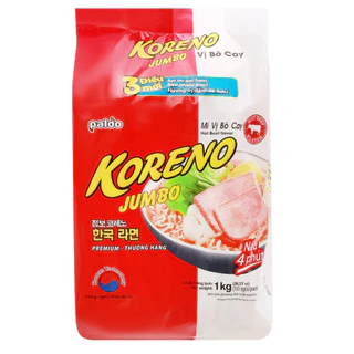 Mì Koreno Jumbo Túi 1kg 2 Vị Kim chi Bò Cay ( Túi 10gói x 100gr )