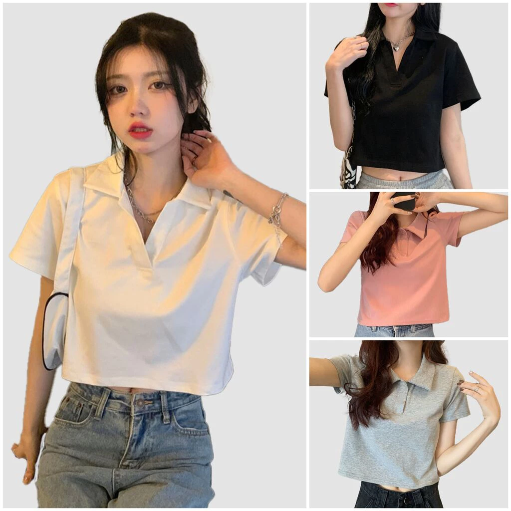 Áo croptop polo nữ vải cotton đẹp có cổ tay ngắn màu trắng đen ghi hồng, Ao crop top Geleva GE761