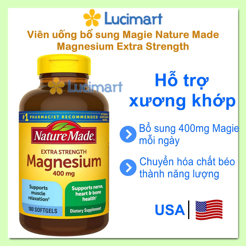 Viên uống bổ sung Magie Magnesium Extra Strength Nature Made [Hàng Mỹ]