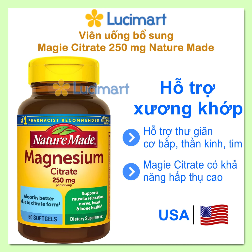 Viên uống bổ sung Magie Citrate 250 mg Nature Made Magnesium [Hàng Mỹ]