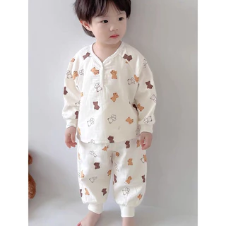 Bộ ngủ dài tay thu đông cho bé, bộ pyjama bé gái chất đũi xốp_Bộ pijama cho bé dài tay thu đông chất đũi xốp