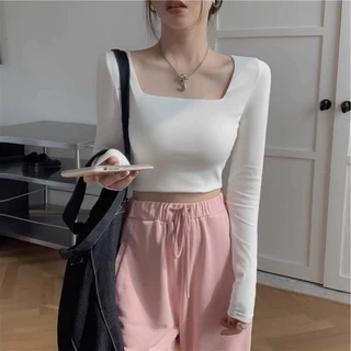 HML Áo Croptop Nữ cổ vuông Chất Zip Xịn Kiểu dáng Hàn Quốc Basic A4