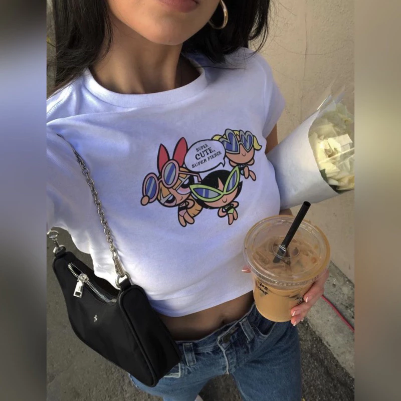 Áo Croptop ngắn tay in hoạt hình AUGETY