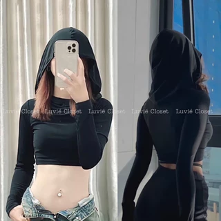 Áo Thun Lửng Croptop Tay Dài Có Nón Trùm Đầu Thời Trang Đường Phố Cho Nữ Luviecloset