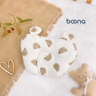 Gối xô muslin hình trái tim tai gấu cao cấp Boona chính hãng, chống méo đầu bẹp đầu cho bé sơ sinh
