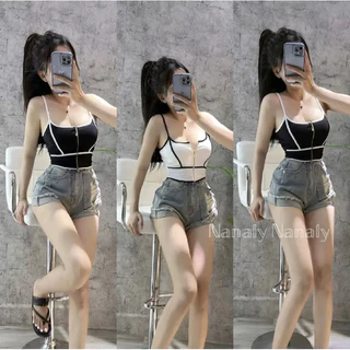 Áo croptop 2 dây phối viền có mút phía trước có dây kéo fom ngắn trên rún