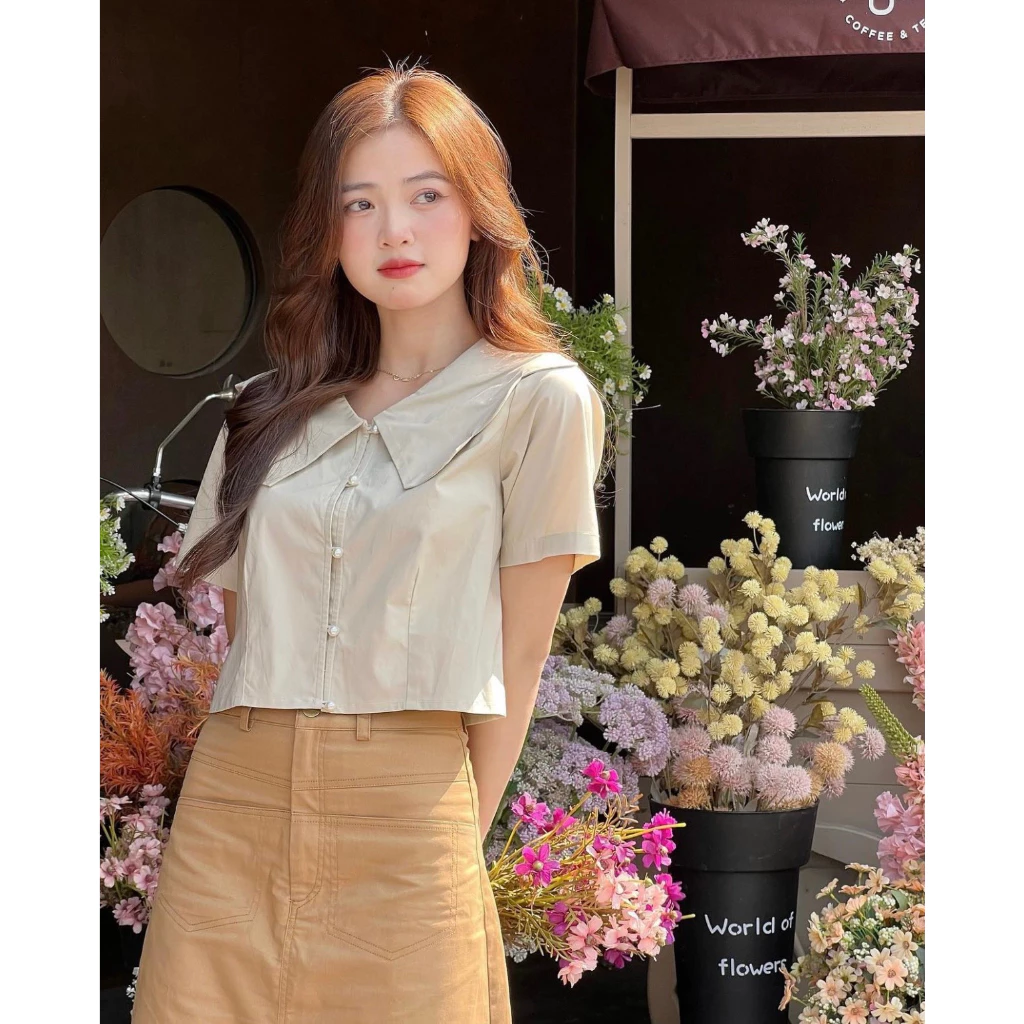 Áo sơ mi croptop cổ bèo phối khuy ngọc màu xinh xắn vintage