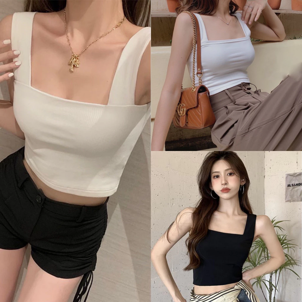 Áo Croptop Thun Nữ Dây Vai Bản To Chất Cotton Mềm Mịn Cổ Vuông Sexy AT1