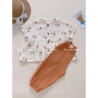 Set đồ dài xô muslin mèo nâu Tây babycloset cho bé gái