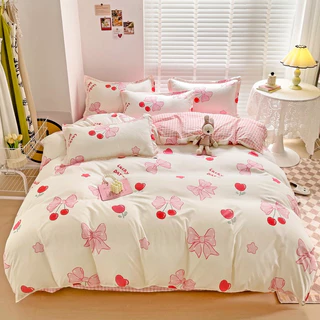 Bộ chăn ga gối cao cấp ETAMI cotton poly Nơ Hồng Cherry miễn phí bo chun drap giường , ga trải giường