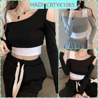 [CRTYK1065]ÁO CROPTOP KIỂU LỬNG NỮ CỔ TRỄ DÀI TAY KHOÉT VAI MÀU ĐEN XÁM CHẤT THUN GÂN DÀY DẶN SIÊU CÁ TÍNH