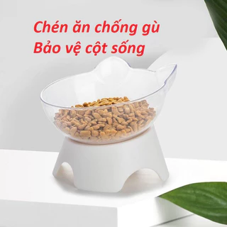 Chén chống gù bảo vệ cột sống/ Bát ăn trong suốt hình tai mèo dễ thương kèm đế chống gù cho thú cưng