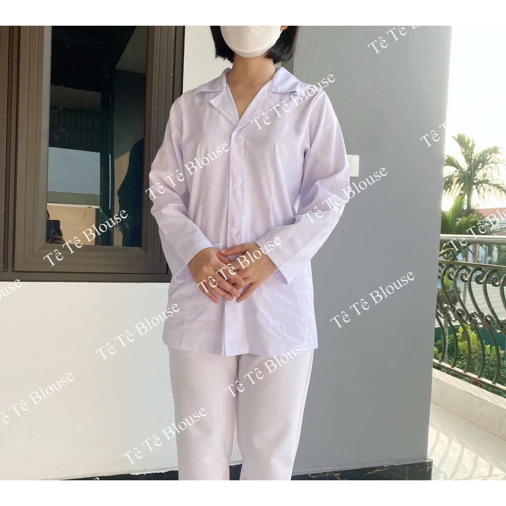 Áo Blouse Nữ DÀI TAY, Dáng Dài Ngang Mông Cho Điều Dưỡng, Y tá ,Dược Sĩ, Vải Lon Nhật mỏng Và Thô Cotton có chiết eo