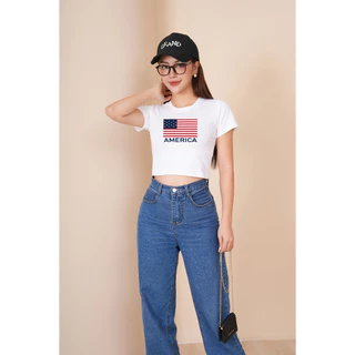 Áo croptop kiểu in hình cờ Mỹ - Áo laptop ôm chất Cotton LOZA CR6379