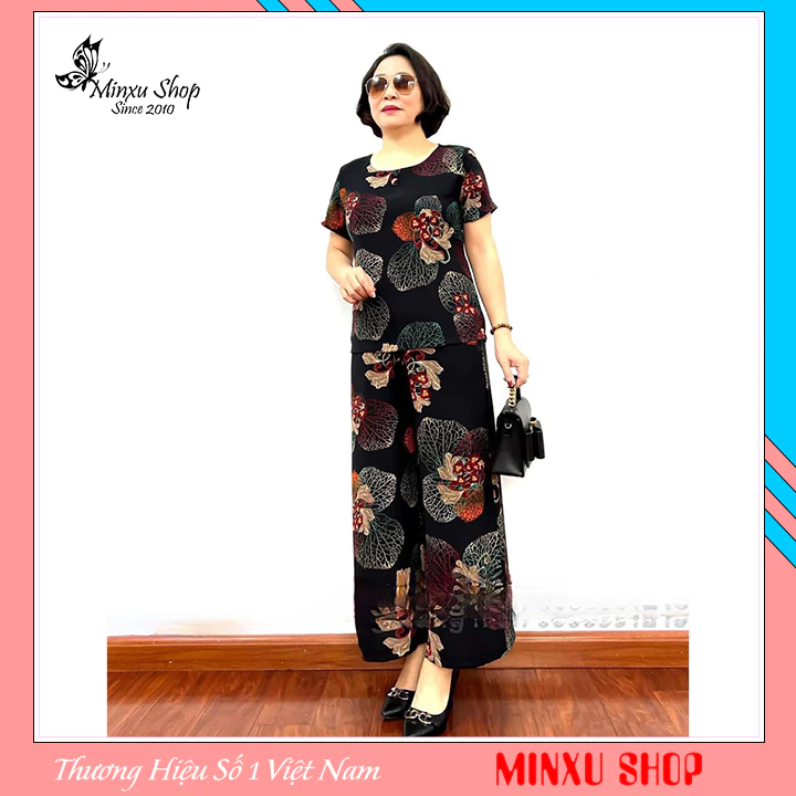 Bộ đồ trung niên cho bà cho mẹ áo hoa quần hoa sang trọng, chất vải cát lụa Hàn Châu mềm mát Minxu shop GA