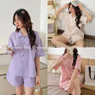 Bộ đồ ngủ pyjama mặc nhà kẻ caro tặng kèm chun buộc tóc siêu xinh