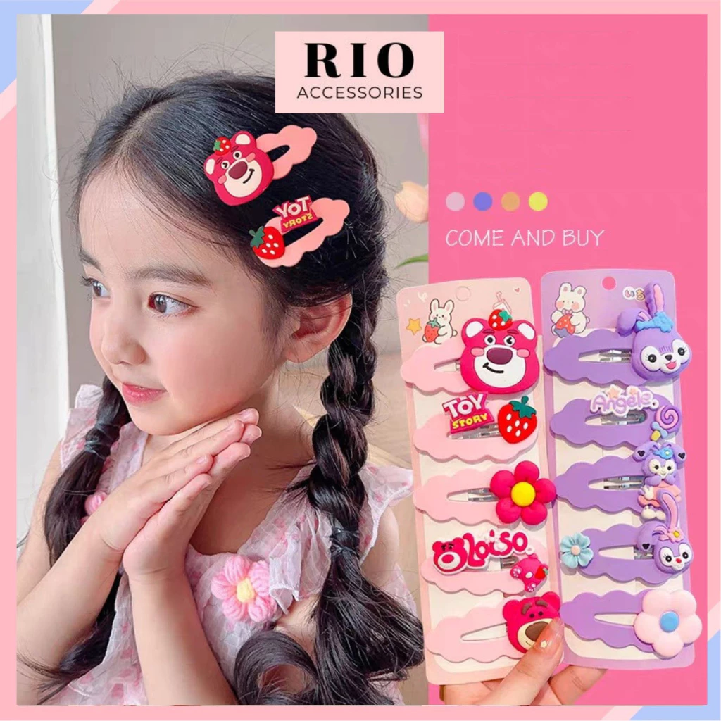 [NEW] Set kẹp tóc bấm cỡ lớn hình gấu dâu Lotso họa tiết hoạt hình siêu dễ thương phong cách Hàn Quốc cho bé SKG