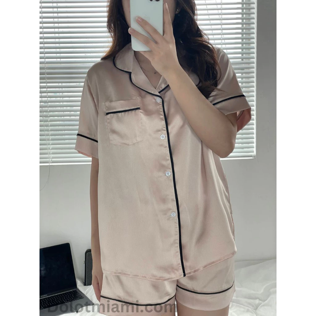 Đồ bộ pyjama lụa satin hoặc mango màu nude - Đồ ngủ nữ - Đồ mặc ở nhà chất lụa sang trọng, thoải mái