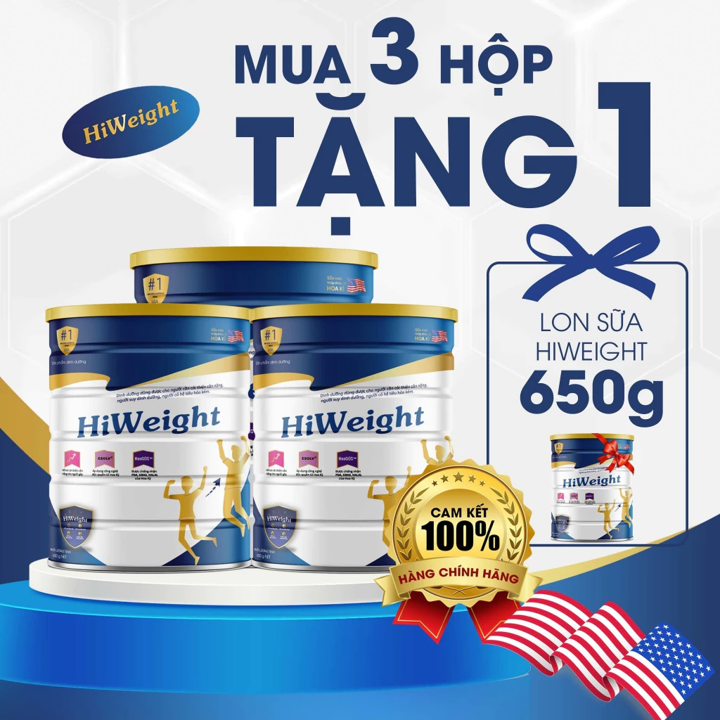 Combo 3 hộp sữa bột HiWeight hỗ trợ tăng cân hộp 650g - Mua 3 tặng 1