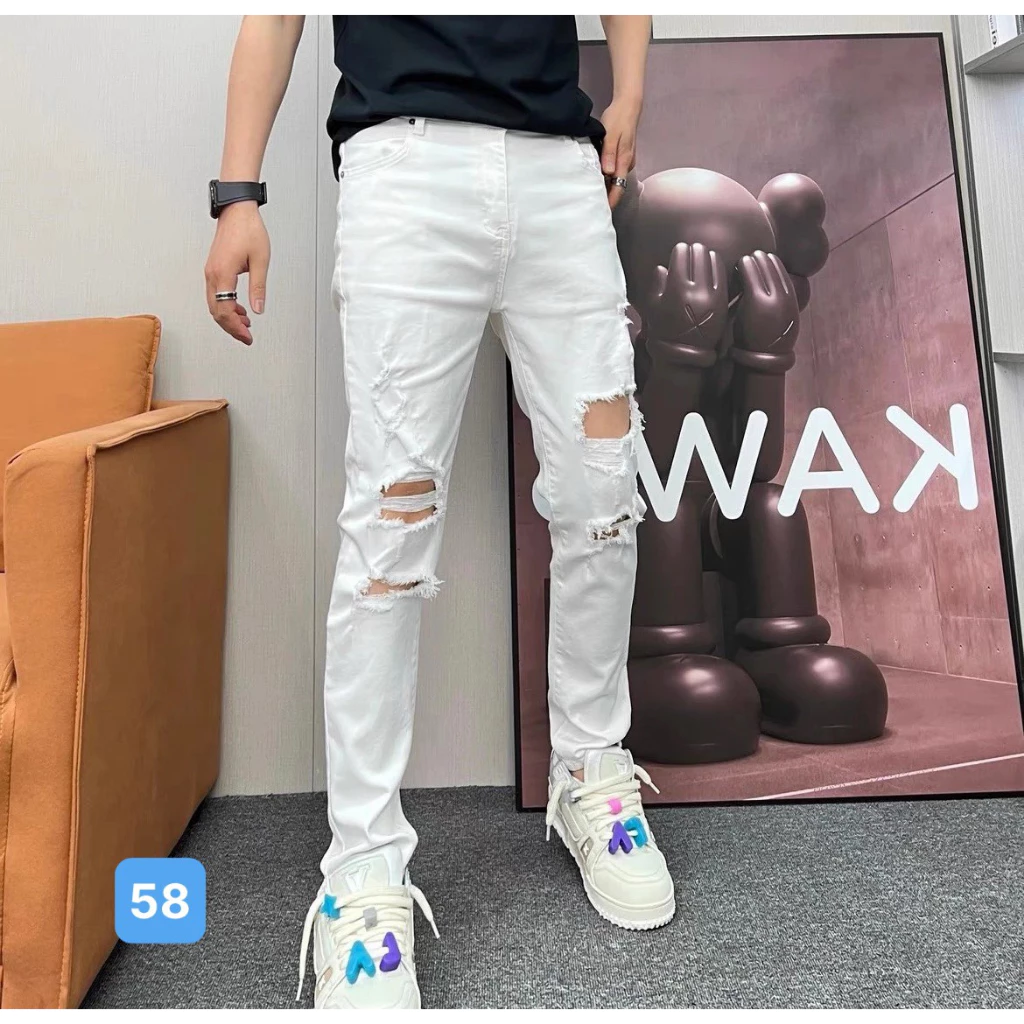 Quần bò nam in hoạ tiết phong cách hàn quốc OBOKFASHION dễ phối đồ ống suông màu trắng co giãn cao cấp QDN058