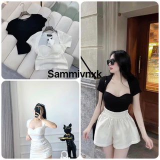 A29- Áo thun tăm cổ lượn có mút ngực tay ngắn Sammivnxk⭐️Áo thun tăm cổ vuông ngắn tay⭐️freeship