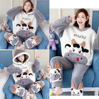 Bộ ngủ lông cừu 2 mặt mượt mà thêu bò sữa xám dày dặn form rộng, sét áo hoodie lông mũ gấu ấm áp mùa đông hàn quốc