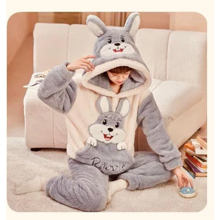 Bộ ngủ lông thỏ xám thêu chữ RABBIT mũ tai thỏ form rộng nam nữ UNISEX, set áo lông cừu 2 mặt mượt mà ấm áp hàn quốc