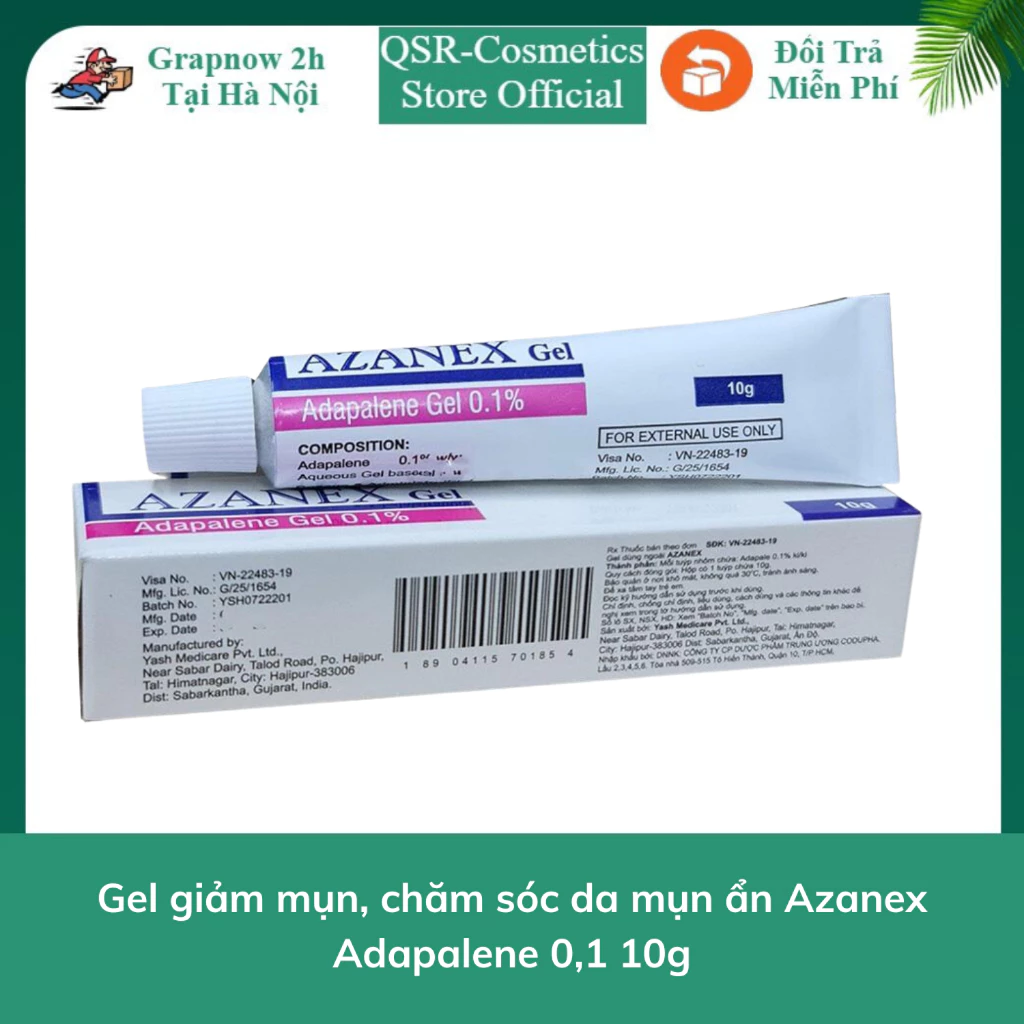 Gel giảm mụn, chăm sóc da mụn ẩn Azanex Adapalene 0,1 10g