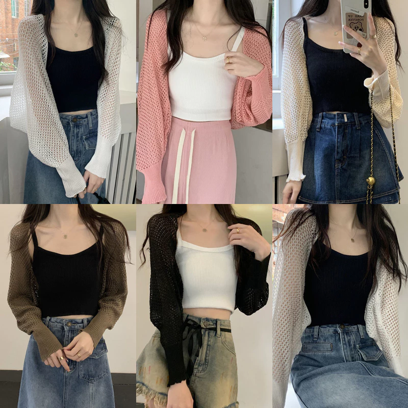 Áo khoác cadigan len lưới mỏng dáng lửng ngắn, Áo khoác len lưới croptop