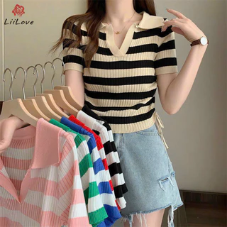 Áo len ngắn tay cổ polo, áo len dây rút kẻ ngang Lii Love PG26