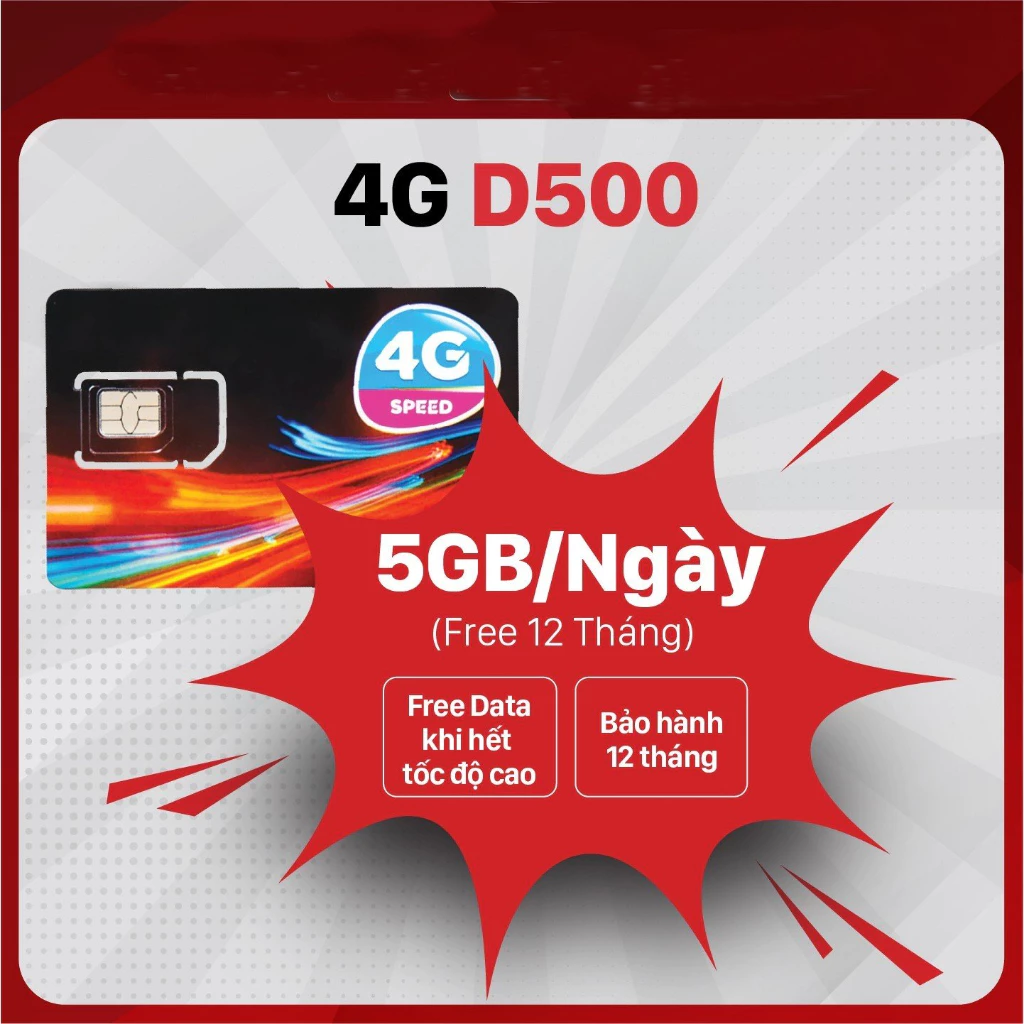 Sim 4G Vinaphone D500 Vina 12T Tặng 5GB/Tháng x 12 tháng Trọn Gói 1 Năm Sử Dụng Internet