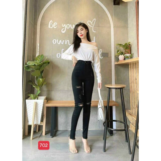 Quần jean nữ lưng cao 2 nút màu xám đen cắt gấu, quần jean nữ lưng kiểu vải denim co dãn  T-Fashion shop QN609