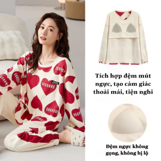 (MẪU MỚI) Bộ Mặc Nhà Cotton Dài Tay Thu Đông Có Miếng Đệm Lót Ngực Dày Dặn