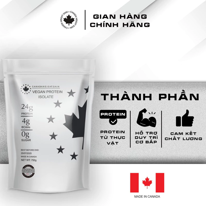 (COMBO 2túi + Tặng Shaker) Vegan Protein isolate- Túi 750g- Không Đậu Nành- Chính Hãng CANADA WEIGHTGAIN