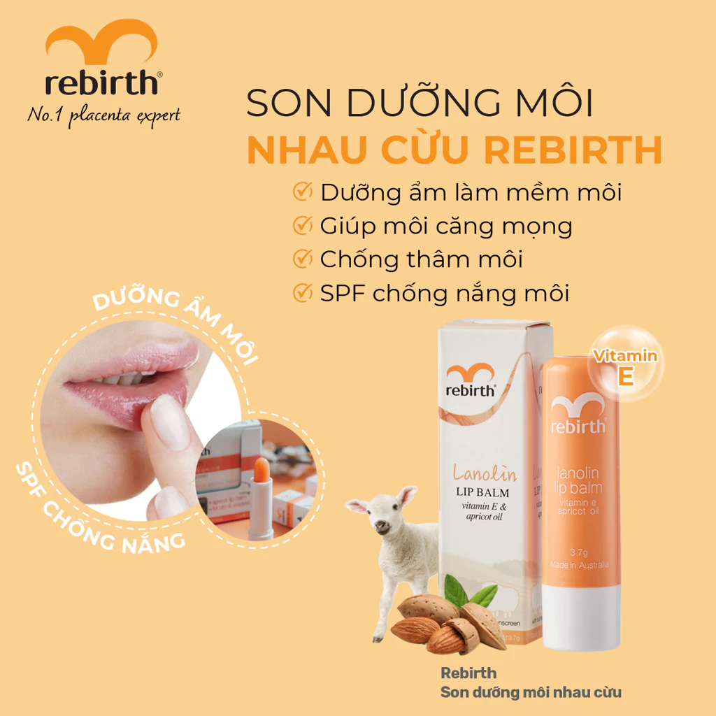 Son dưỡng ẩm nhau thai cừu Rebirth Lanolin Lip Balm with Vitamin E & Apricot Oil (3.7g)