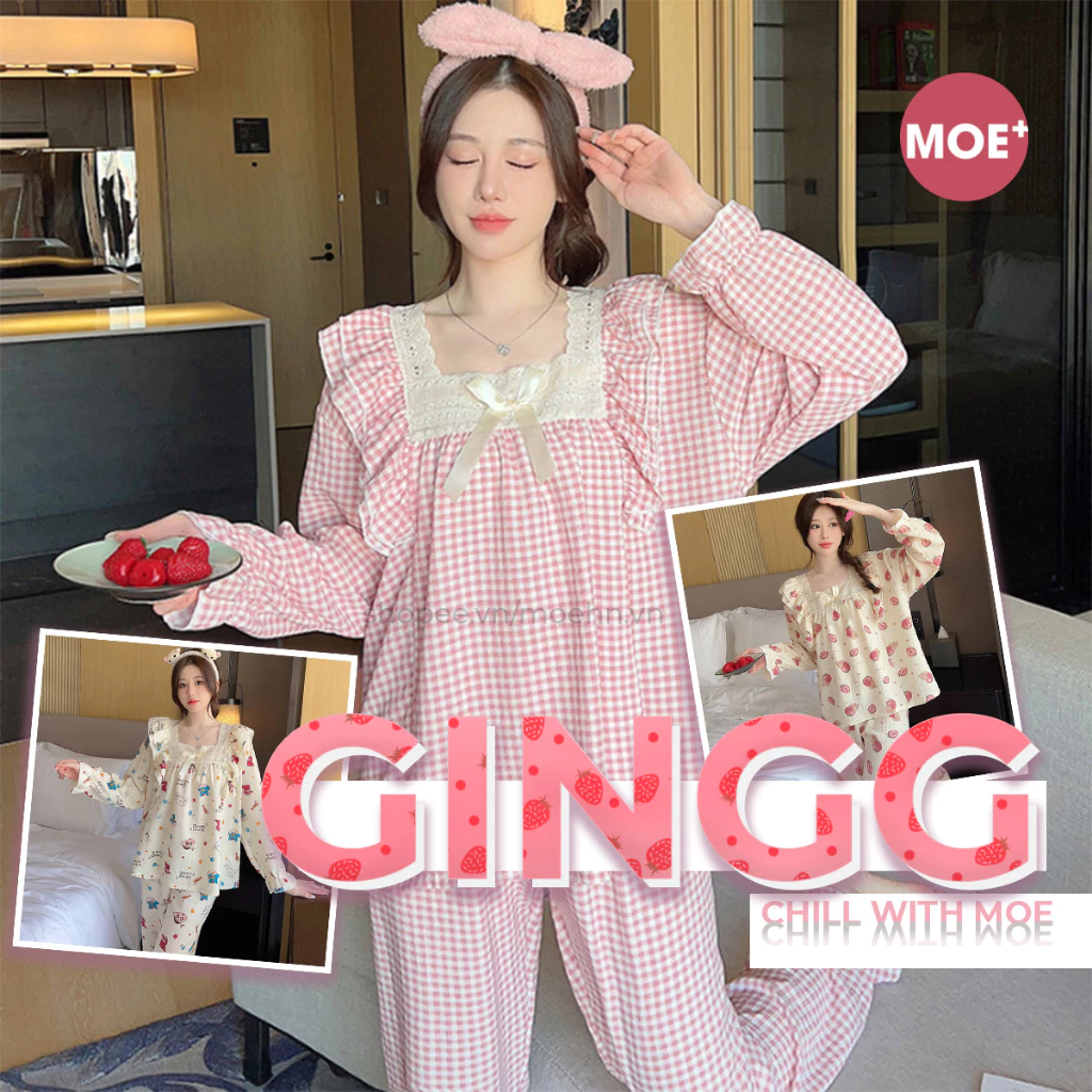 HÀNG SẴN_Bộ Ngủ Pyjama Mặc Nhà Cổ Vuông Cotton Lanh Phối Nơ MOEN70