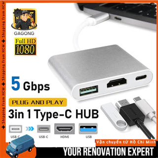 Hub Type C 3in1 - Cổng chuyển đổi HUB USB Type-C to HDMI, USB 3.0, PD Type-C cho Laptop Macbook, Điện thoại, Samsung Dex